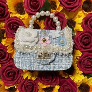 MINI BABY BLUE PEARL & FLORSL TWEED PURSE